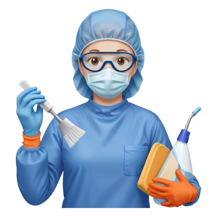 A meticulous cleanroom worker dressed in full protective gear, including a blue sterile suit, a face mask,  and orange gloves.  cleaning glasses with a wipe in one Hand sticker