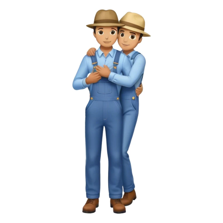man in suit and hat hugs man in overall. Full height sticker