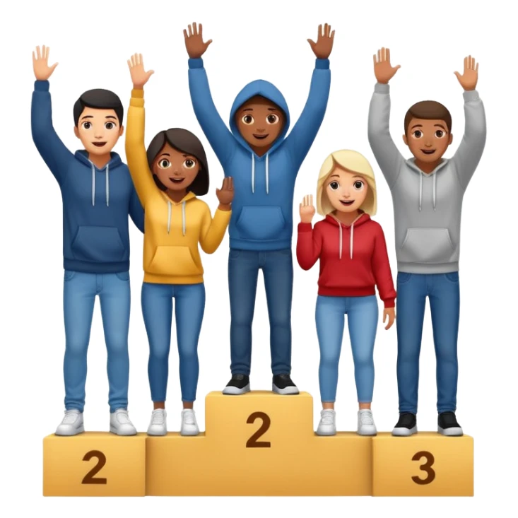 multi-racial people standing on a winners podium with the center step higher to show 1st place, no numbers on the podium, each person casually dressed in fun clothing like jeans and hoodies, excited fun expressive emoji style sticker
