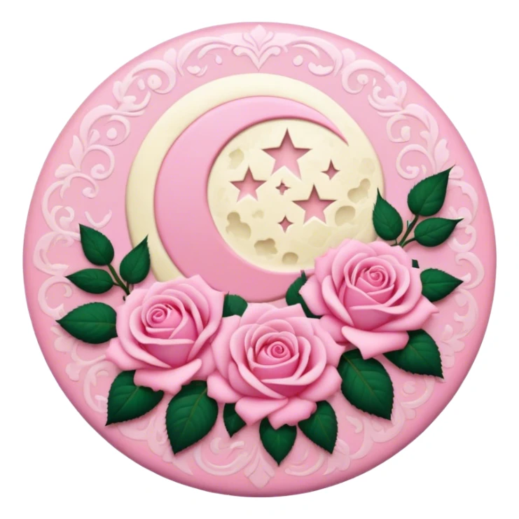 A round pink button with a light cream full damask moon and pink roses in the center sticker