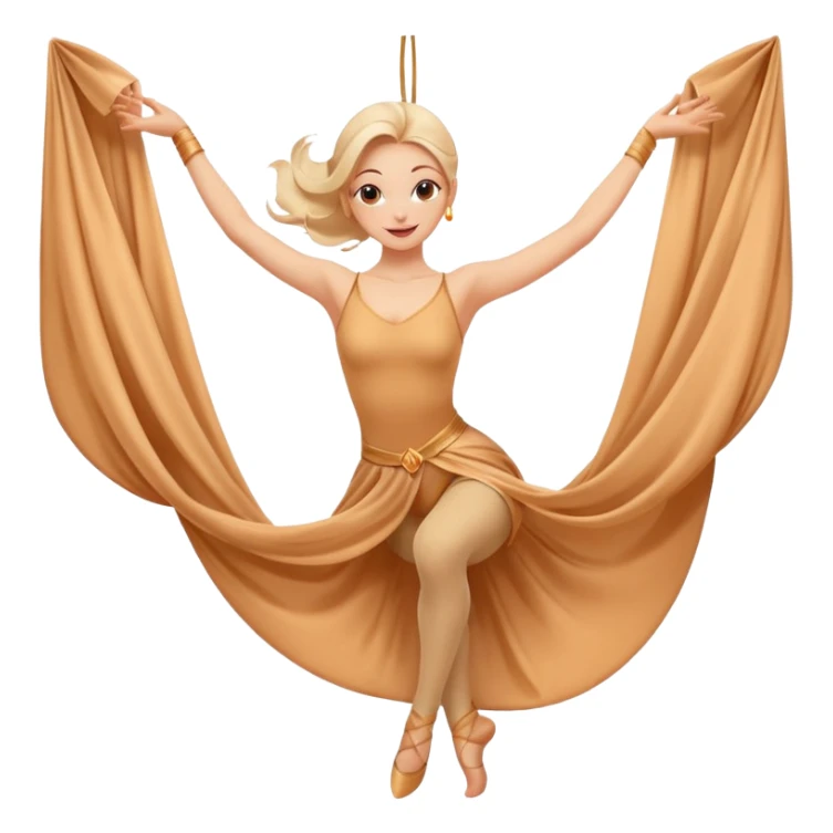 Emoji estilo ilustración de una mujer practicando danza aérea en tela, colgada en telas de seda, expresión feliz, estilo emoji moderno, colores suaves, fondo simple sticker