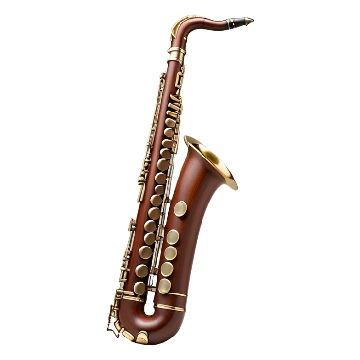 Create a detailed and elegant emoji representing a professional bassoon Oscar Adler. The design should showcase the long, slender wooden body of the bassoon with its distinct curves and metal fittings. Highlight the keywork and metal rings around the joints, with subtle light reflections on the wood to give it a polished appearance. The top of the bassoon should have the characteristic metal bell, and the reed should be clearly visible at the mouthpiece. Use warm wood tones like deep brown and mahogany for the body, with silver or brass accents for the metal parts. Add soft musical notes or soundwaves around the instrument to evoke its rich, deep sound. The background should be transparent. sticker