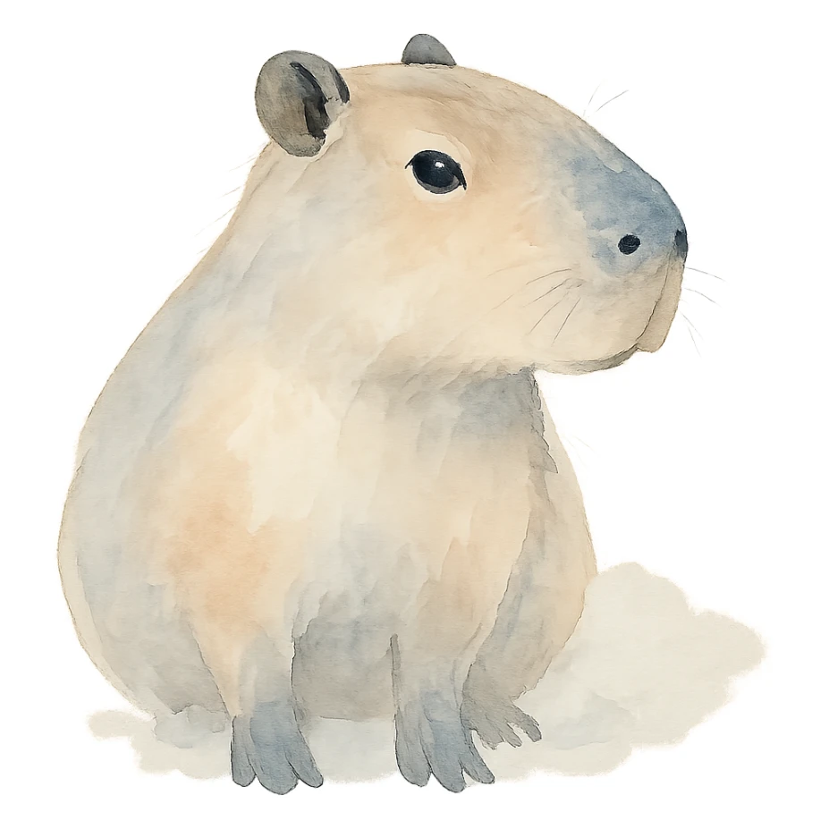 capybara looking to the side, realistic style, gentle watercolor wash, cute expression sticker
