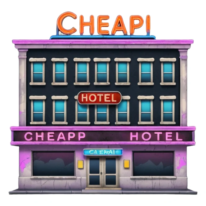 Hotel barato con letrero de neón en la fachada. sticker