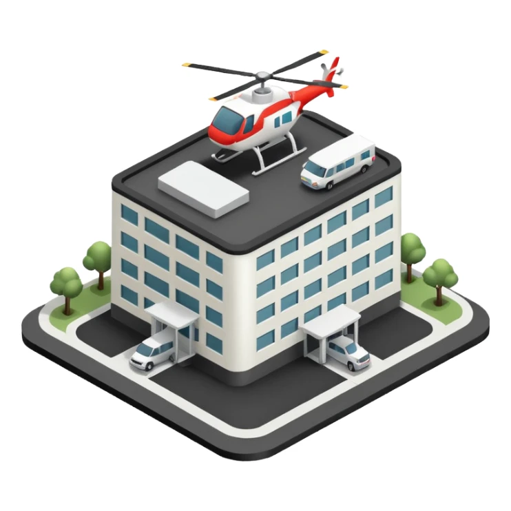 hospital isometric view building with heliport sticker