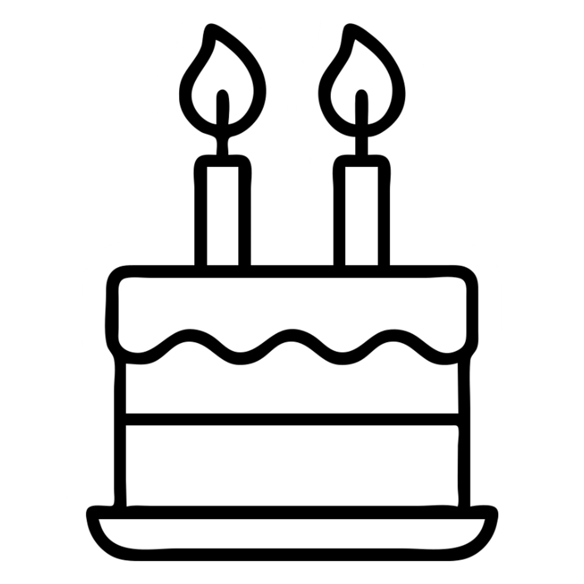 icon-style birthday cake, two candles with dynamic flowing flames, clear and bold sticker