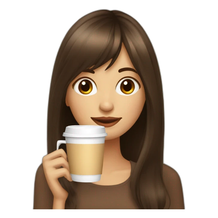 A girl with elongated bangs and long brown hair drinks coffee sticker