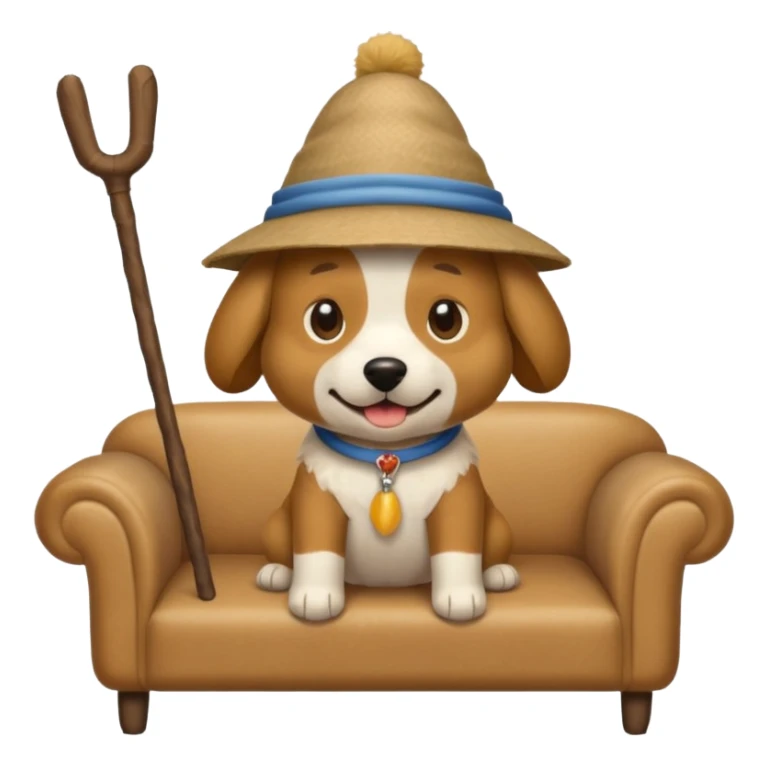 A dog that has a stick hat and a sofa shirt sticker