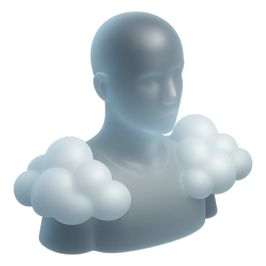 person looking straight ahead, shoulders filled with convex white fluffy clouds, matte glass style sticker