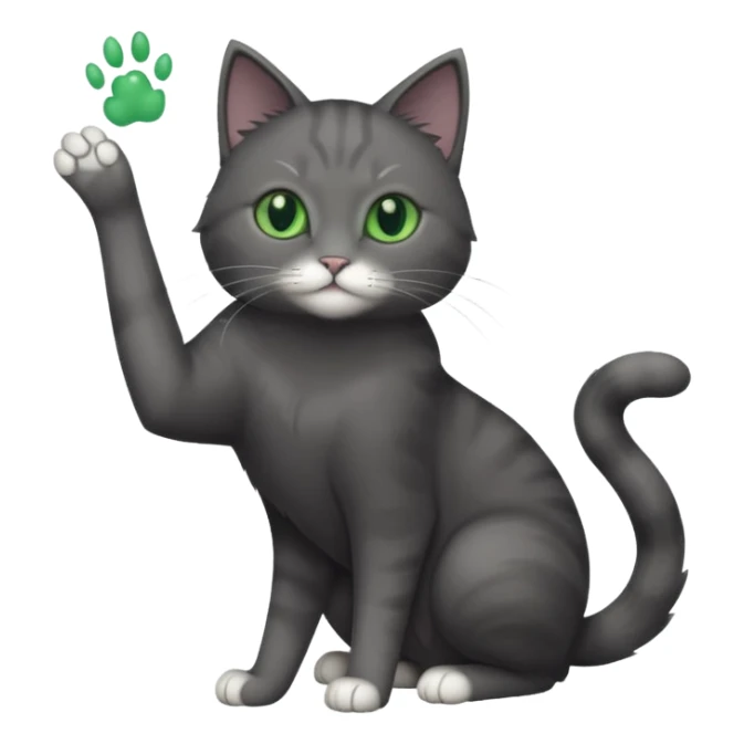 full body gorgeous solid dark grey cat with green eyes, white paws and white whiskers reaching for something sticker