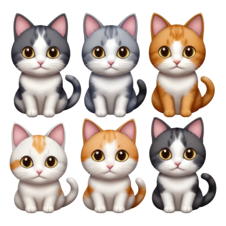 5 different coloured short haired cats including; a dark brown and white cat, and a dark grey and white, and a calico sticker