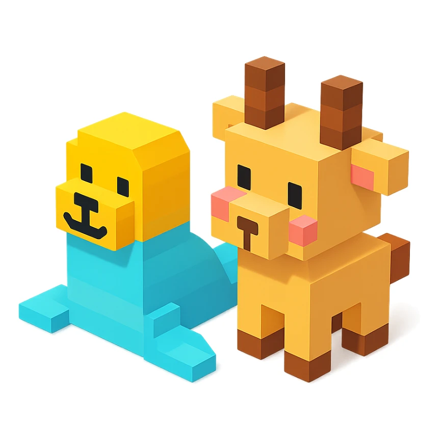 a seal and a goat sitting together, Roblox style, simple background sticker