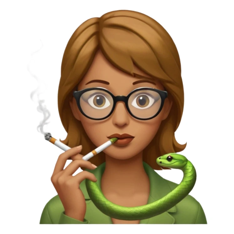 can you create a sneaky bitch SNAKE with big glasses smoking a cigarrette - with light brown hair, green snake, with hands on her chin as if she's innocent but with a bitchy look in her eyes and cigarrette in the mouth sticker