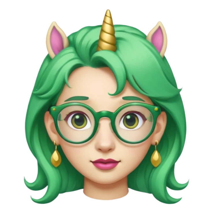 unicorn with green hair and big earrings looking into camera and spectacle sticker