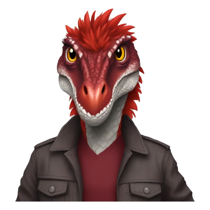 Cool edgy sexy handsome Maroon-colored velociraptor with bright-red messy mane full body sticker