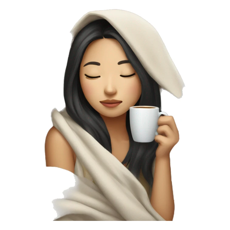 asian girl inside a blanket sipping coffee eyes closed sticker