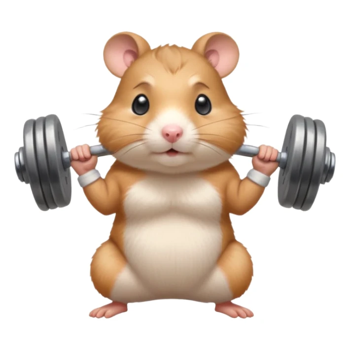 Cute cartoon-style hamster standing upright, wearing a tiny sweatband, lifting oversized dumbbells with determined expression. Soft painterly shading, expressive eyes, white background, sticker-style illustration sticker