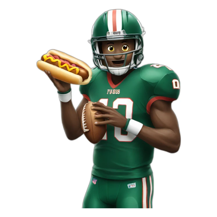 American football player eating a hot dog sticker