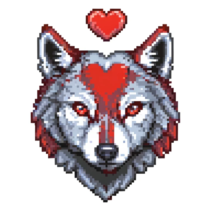 black and red wolf with a heart above its head pixel art sticker