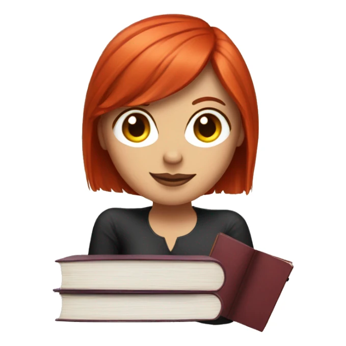 Lady with red straight hair on a sofà with a book sticker