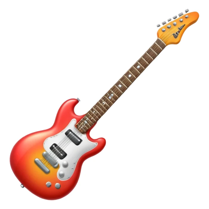 A 3D Apple-style emoji showing the word "ROCK" in bold metallic letters, with a small electric guitar leaning on the text, vibrant glowing effect, playful and energetic cartoon style, symbolizing rock music. sticker