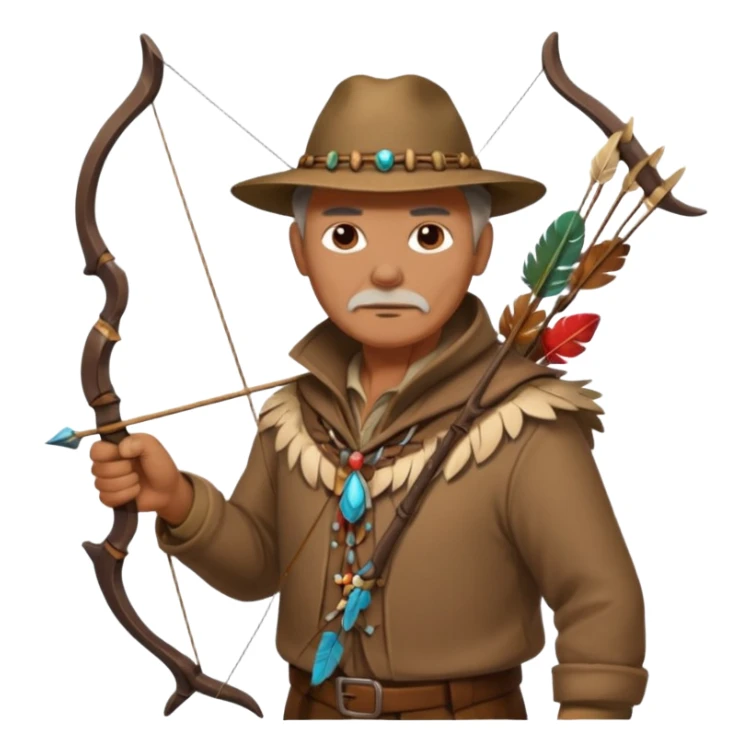 The classic image of a middle-aged uncle hunter carrying a bow, dressed in brown clothes, with some ornaments made of feathers, bones or teeth on his body. sticker