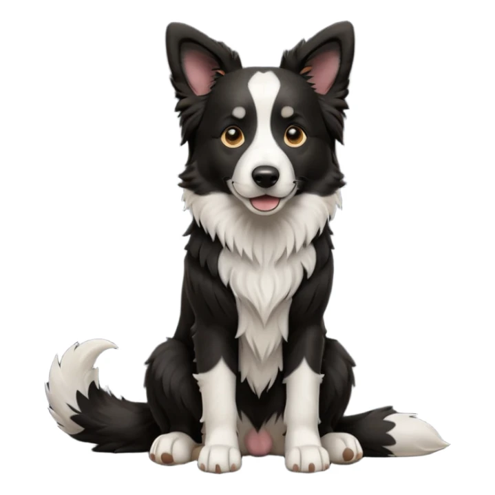 cinematic-[border collie dog]-realistic-full-body-sitting-emoji,-tail-resting-loosely-beside-its-paws,-head-tilted-dramatically,-scruffy-[black and white]-fur,-simplified-yet-realistic-focused-features,-highly-detailed,-glowing-with-an-almost-sarcastic-glow sticker