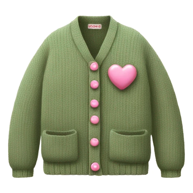 Sage oversize wool open short cardigan with pink heart shaped buttons, isolated sticker
