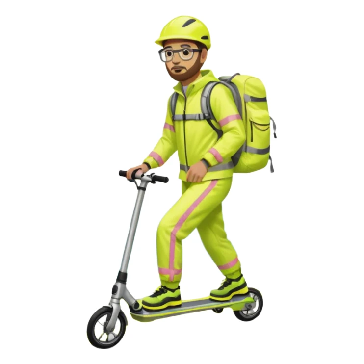 Man wearing a neon yellow high-vis waterproof suit with reflective stripes, carrying a large hiking backpack, standing on a stunt scooter. He has short brown hair, a trimmed beard, glasses, and is by the sea on a concrete platform. sticker