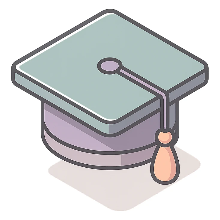 academic graduation cap square with tassel, 2D isometric style, clean lines, soft shadows and highlights, minimalist eastern accent, pastel palette #98B5BC, #B5B3C1, #C9A3C9, #E4C0CA, #F7DCD1, #F7C0AA, transparent background sticker