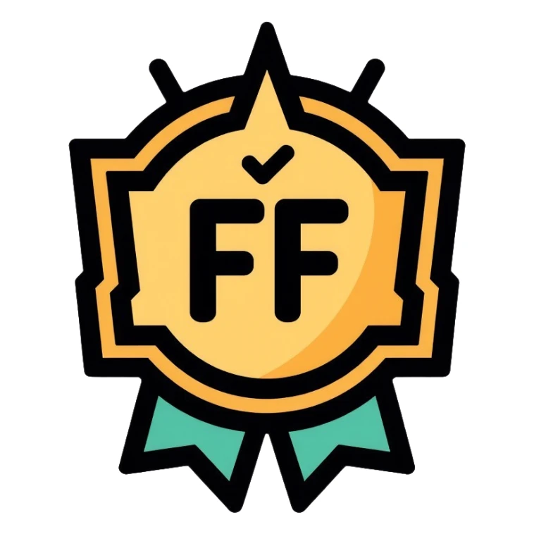 Gaming achievement badge with FF and a verification checkmark, gaming medal style, esports badge sticker