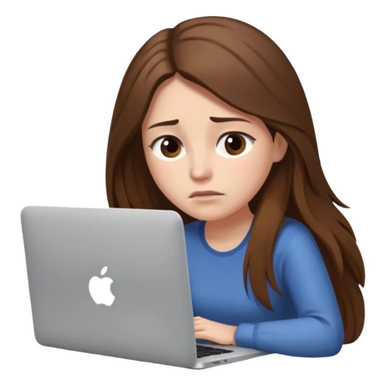 create a woman long hair brown, sitting with her macbook looking tired. looking at her computer, exausted  sticker