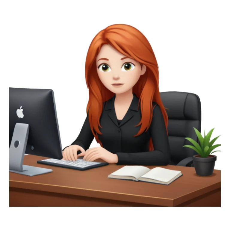 Video call therapy session: red-haired therapist with long hair wearing black minimalist clothing, seated in a professional home office, looking at the webcam; calm, modern teletherapy setting sticker
