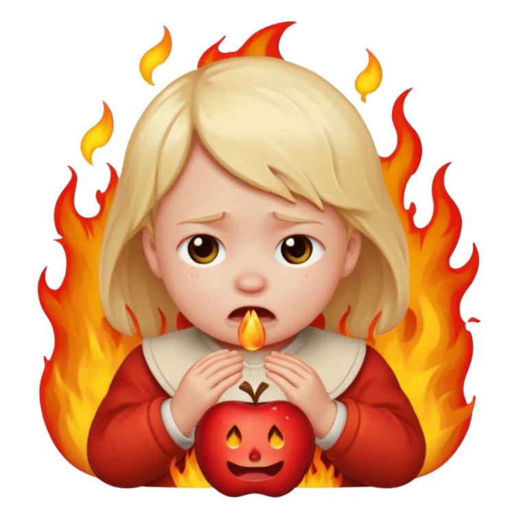 apple style emoji of a sad small child surrounded by flames sticker