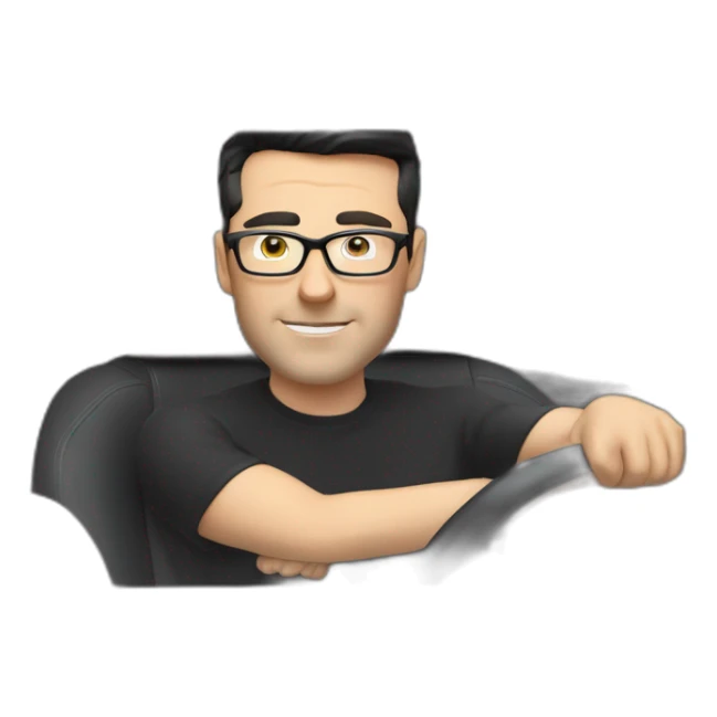 middle-age-lean-white-man-with-black-hair-&-glasses-wearing-tesla-t-shirt-inside-left-drive-black-tesla-model-3, at the wheel, front view sticker