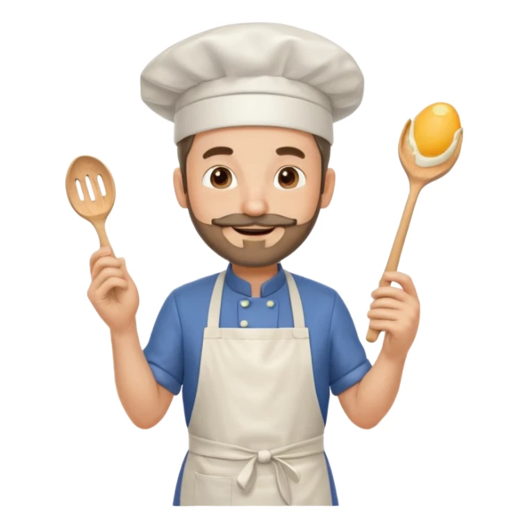 Middle aged male pastry chef - with a small beard, apron, white hat, holding an egg beater in his right hand, and his left hand naturally hanging down to his side sticker