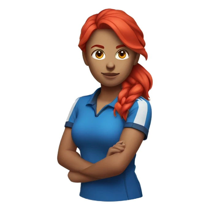 a female esports coach with red hair and blue shirt.  sticker