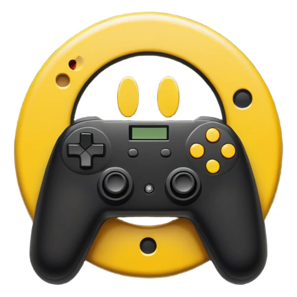 pixelated smiley face inscribed in letter O holding gamepad, retro style, black hole accretion disk shaped interference, minimalism sticker