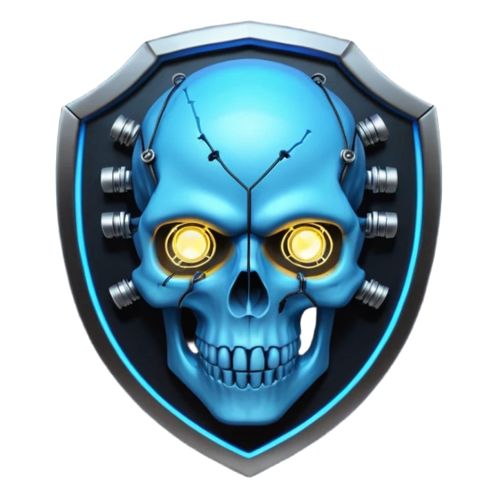 Cyberpunk shield, skull with cybernetic implants, glowing wires, dark electric blue and black tones, no background sticker