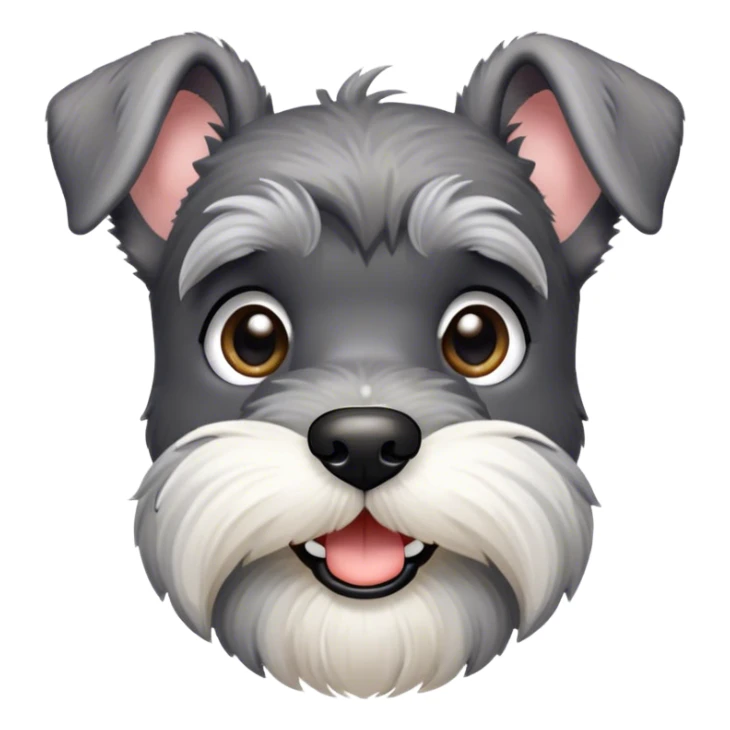 Cinematic Cute Miniature Schnauzer Portrait Emoji, Head cheerfully cocked with expressive, twinkling eyes and a neatly trimmed, adorable salt-and-pepper fur, simplified yet endearingly detailed, glowing with a bright, friendly radiance, high shine, exuding smart and spunky charm, styled with a delicate, whimsical outline, capturing the essence of a cute Miniature Schnauzer that appears ready to scamper off the screen with delightful energy! sticker