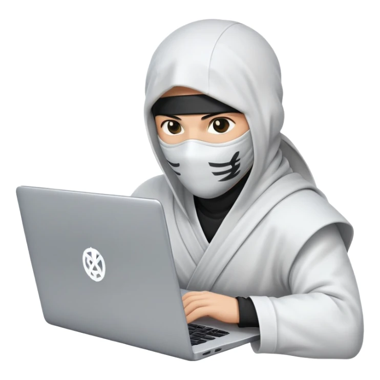 Ninja wearing white cloth without covering the head only covering the face working with laptop laptop should be center and back of the laptop ninja is working the laptop logo is dollar symbol sticker