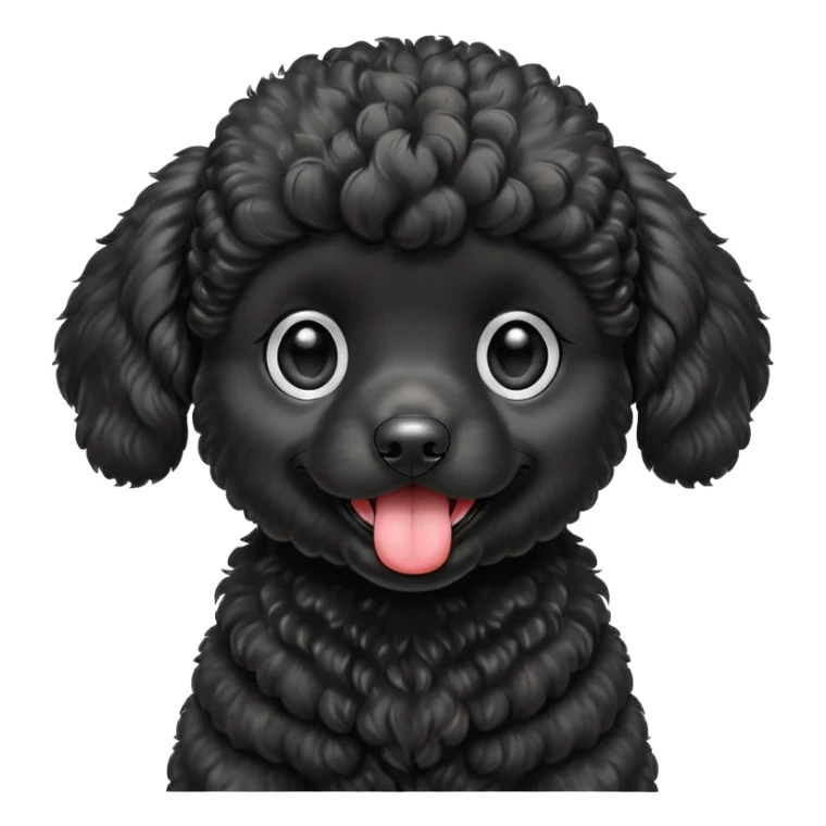 A high-resolution square-format digital illustration of a black poodle puppy in a clean, emoji-inspired semi-realistic style. The poodle is shown from the chest up, facing forward with a slight tilt of the head to the left, tongue out playfully. sticker