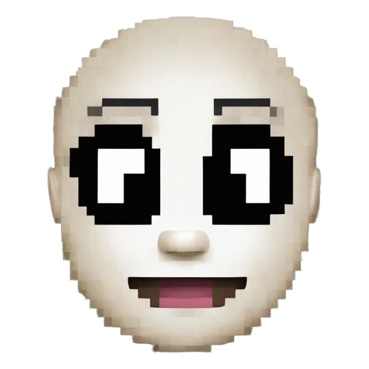 The image depicts a pixel art representation of a face, resembling Sans from the game "Undertale." The face has large, square eyes with white pupils, a triangular nose, and a wide, toothy smile. It's pixelated sticker