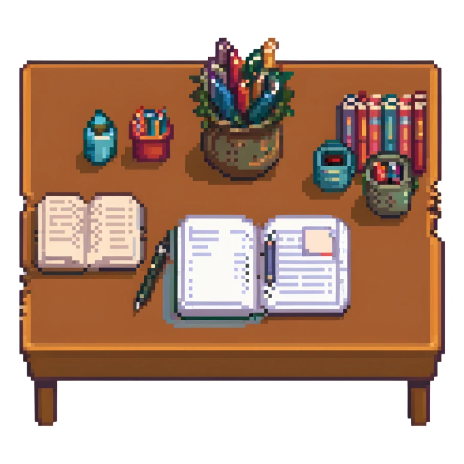 a table with paper, pens, and homeschool books, pixel art style sticker