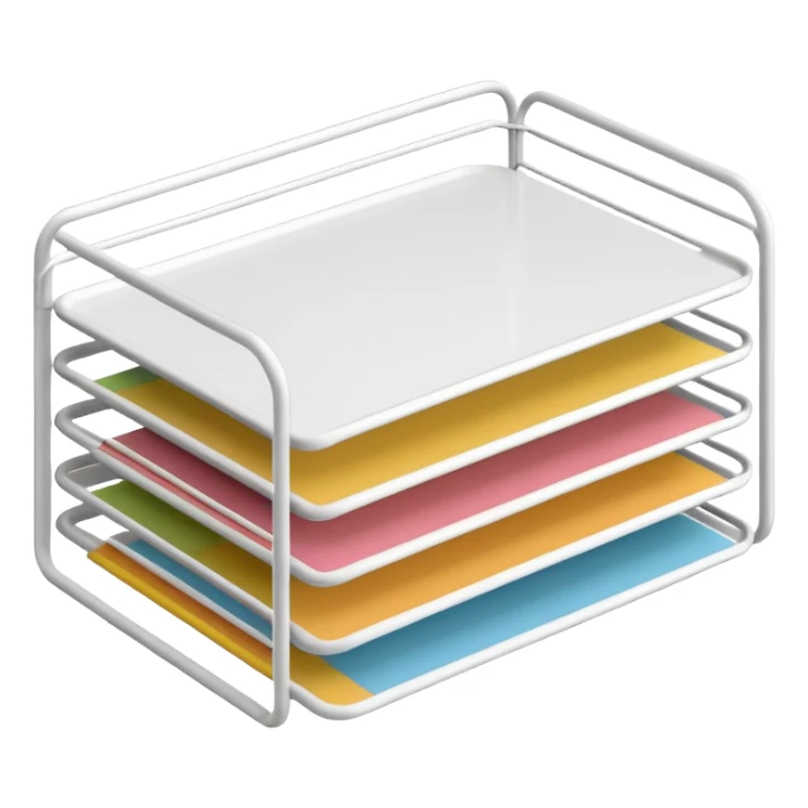 A minimal, clean emoji-style illustration of a white metal desk paper organizer tray, shown in slight isometric view so its structure is readable at a small scale. The organizer is rectangular with rounded corners, made of thin white metal wires, forming two to three stacked horizontal slots.
 sticker