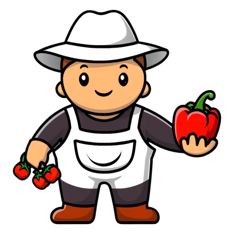 farmer character holding a red bell pepper sticker