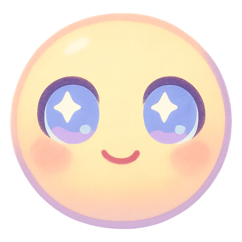 cute emoji, round face, big sparkling eyes, small smile, pastel colors sticker