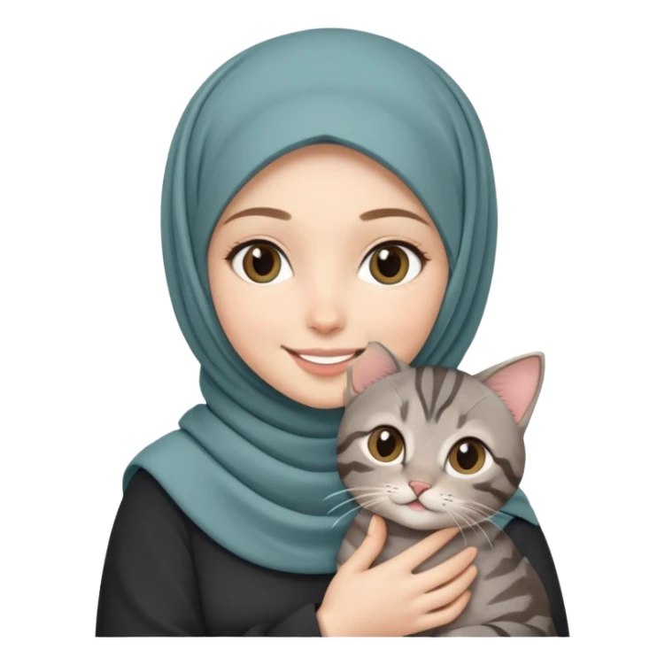 White girl wearing hijab smiling while holding a black grey tabby cat sticker