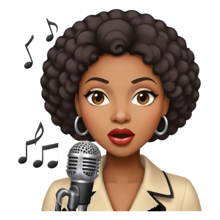 Black female jazz singer with a microphone, expressive face, musical notes sticker