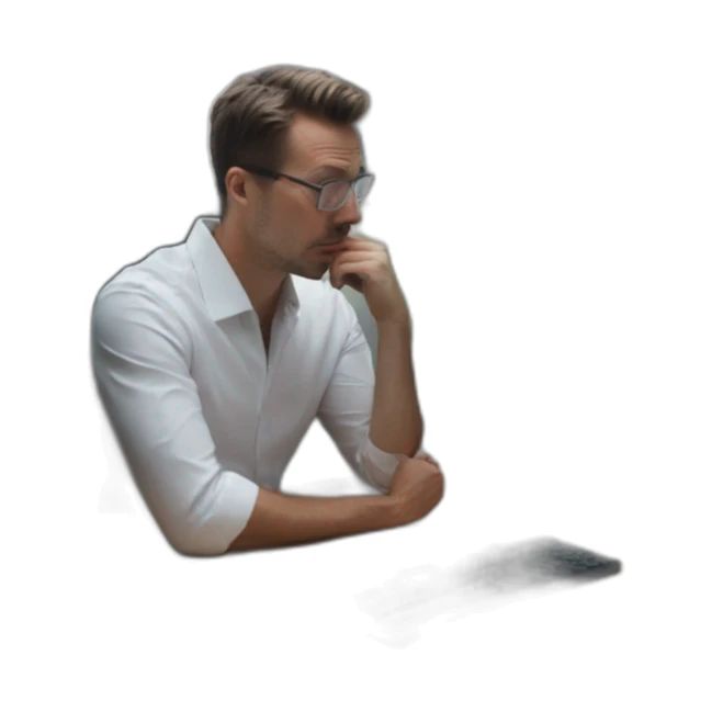 trader thinking in front of a price chart on a computer sticker